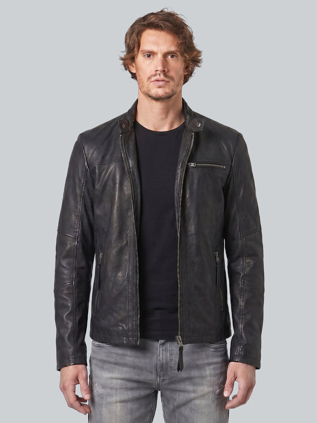 CRONE EPIC Lederjacke Herren in Schwarz / Silber Zipper, Schafsleder