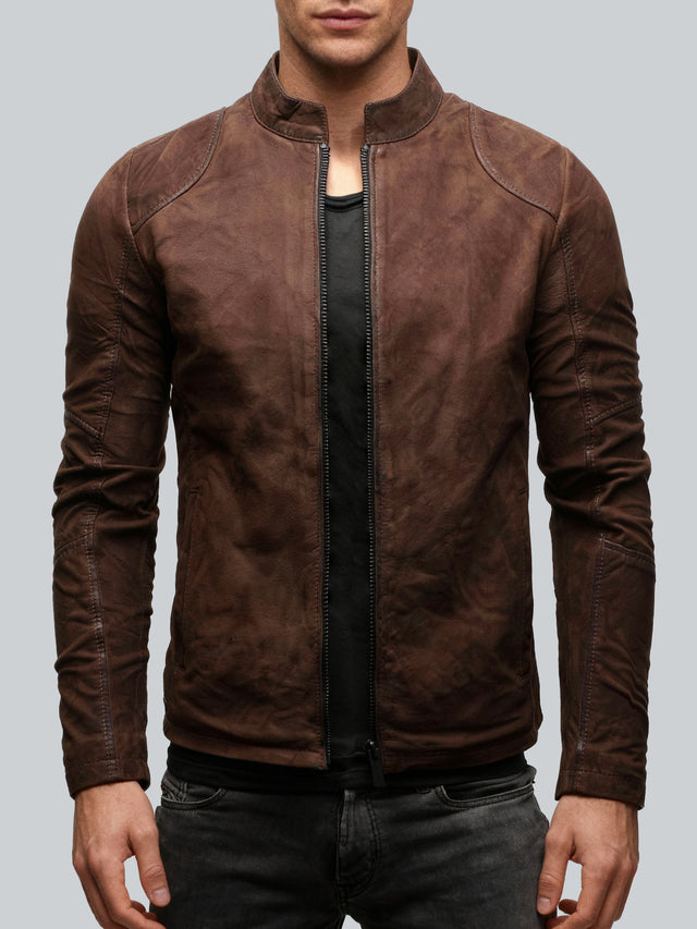 CRONE IVAR Lederjacke Herren – Dunkelbraun, Detail Kragen