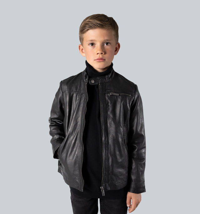 CRONE MINI EPIC Kinder-Lederjacke – Schwarz, Vorderansicht