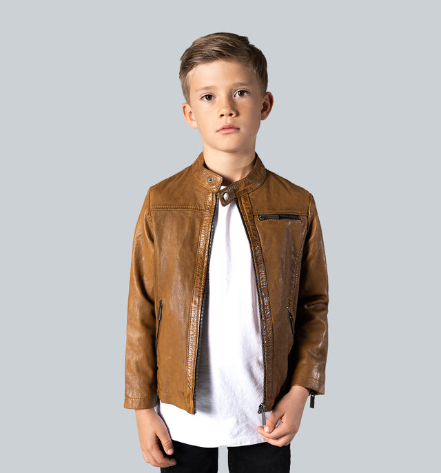 CRONE MINI EPIC Kinder-Lederjacke – Light Cognac, Vorderansicht