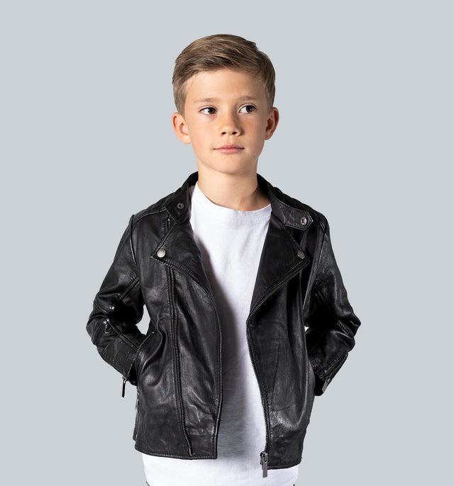 CRONE MINI LIAM Kinder-Lederjacke – Schwarz, Vorderansicht
