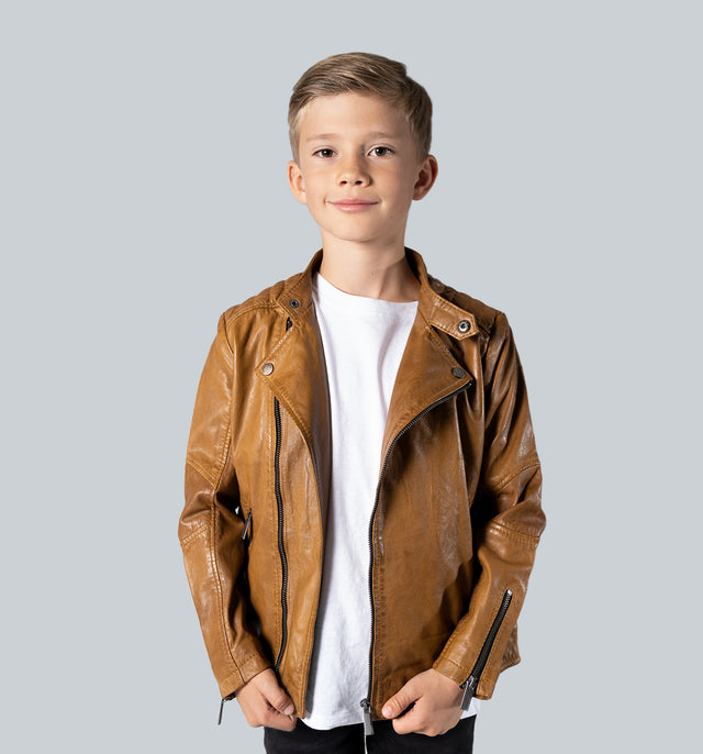 CRONE MINI LIAM Kinder-Lederjacke – Light Cognac, Vorderansicht