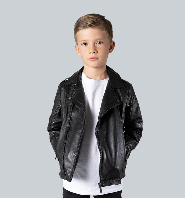 CRONE MINI THEO Kinder-Lederjacke – Schwarz, Vorderansicht