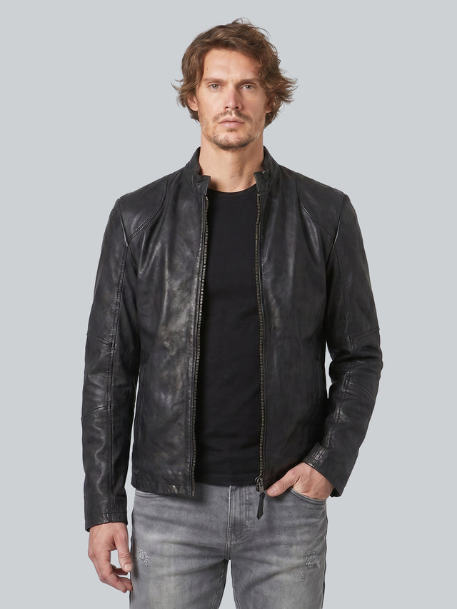 CRONE IVAR Lederjacke Herren – Schwarz mit Silber-Zipper